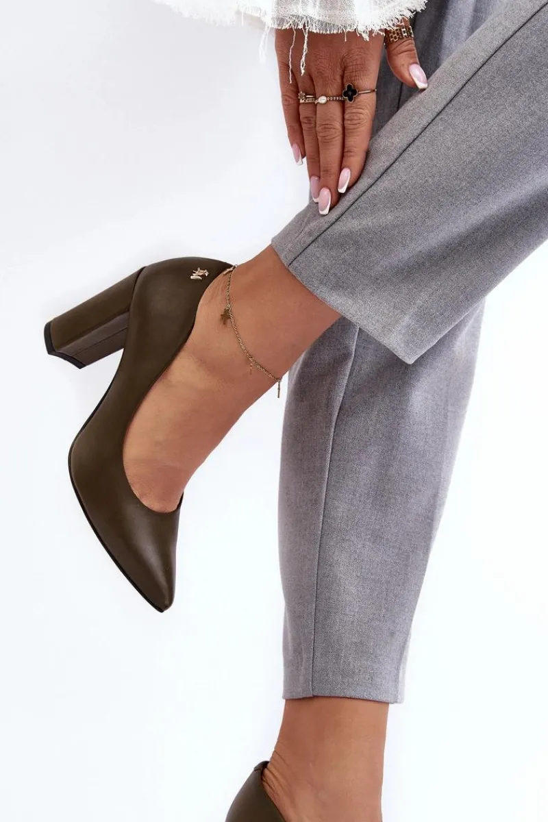 Czółenka Na Słupku|Czółenka Klasyczne>Laura Messi Skórzane Czółenka Na Słupku 2624/227 Ciemnozielone Zielony