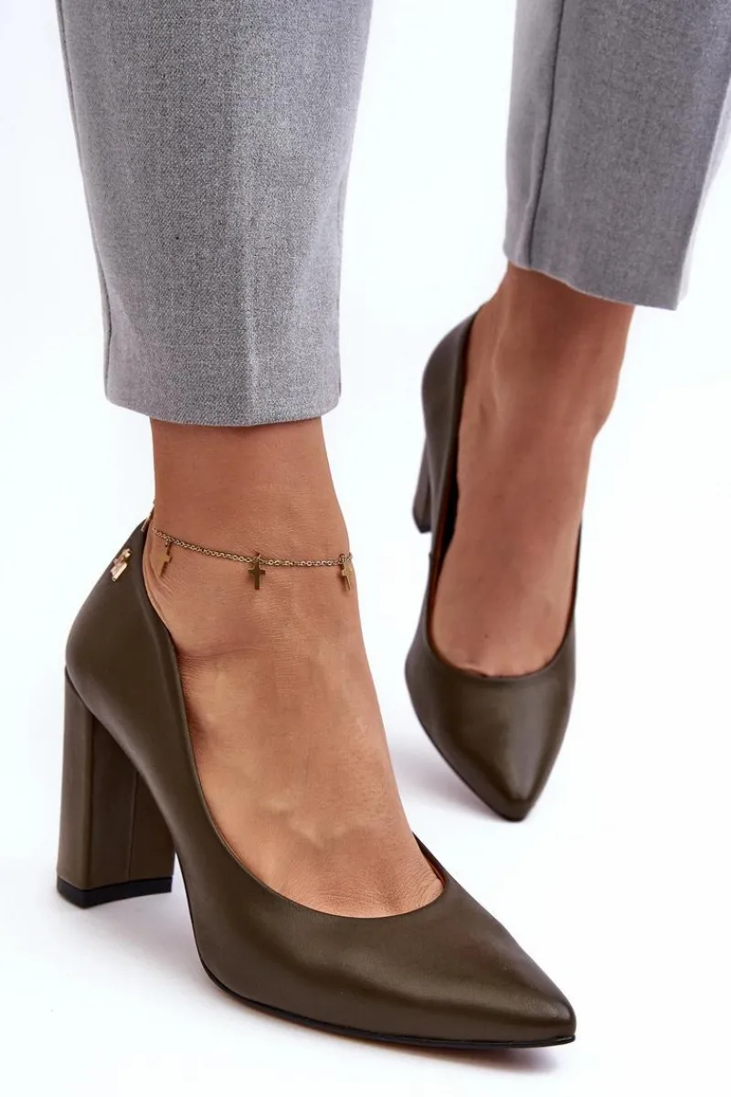 Czółenka Na Słupku|Czółenka Klasyczne>Laura Messi Skórzane Czółenka Na Słupku 2624/227 Ciemnozielone Zielony