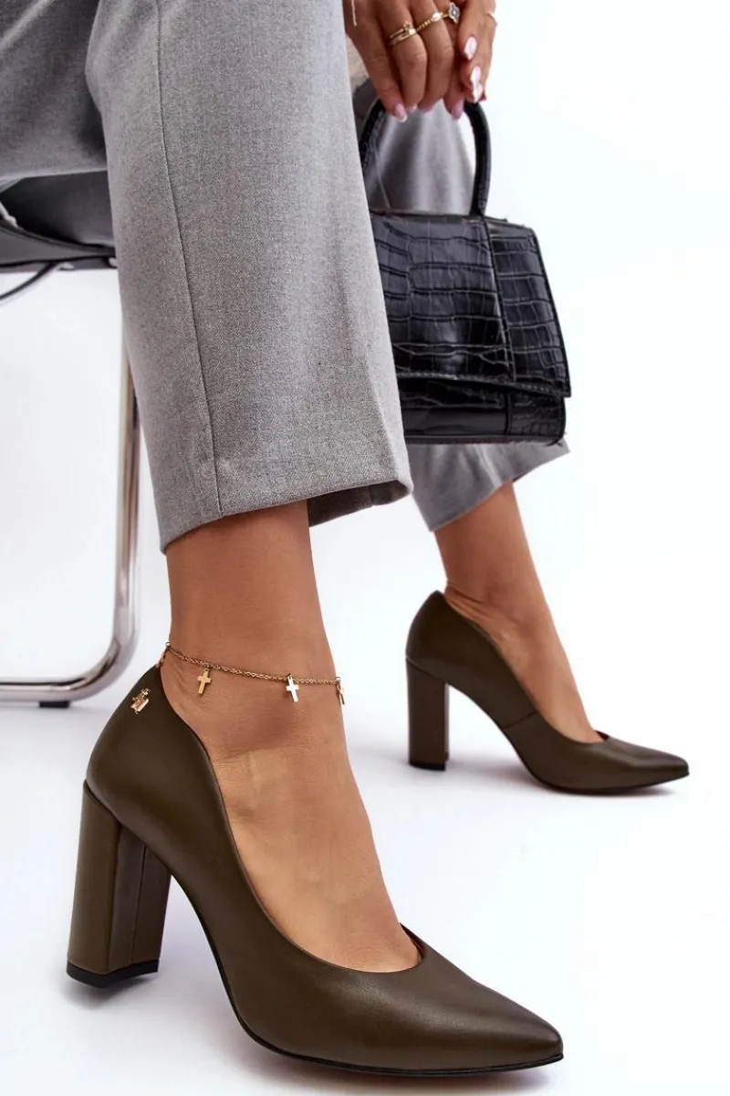 Czółenka Na Słupku|Czółenka Klasyczne>Laura Messi Skórzane Czółenka Na Słupku 2624/227 Ciemnozielone Zielony