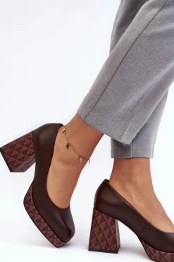 Sale Skórzane Czółenka Na Słupku 259/236-820 Brązowe Damskie Czółenka Na Platformie|Czółenka Na Słupku