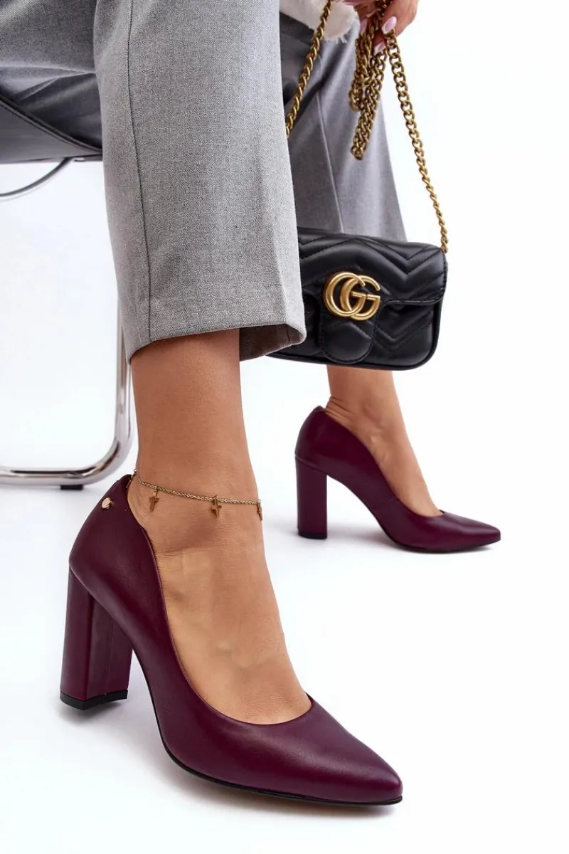 Czółenka Na Słupku|Czółenka Klasyczne>Laura Messi Skórzane Czółenka Na Słupku 2624/228 Bordowe