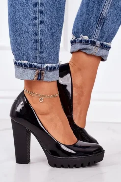 Outlet Maciejka Skórzane Czółenka Na Słupku 02629-05 Lakierowane Czarne