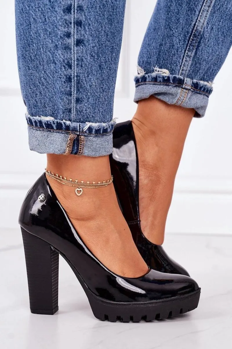 Outlet Maciejka Skórzane Czółenka Na Słupku 02629-05 Lakierowane Czarne