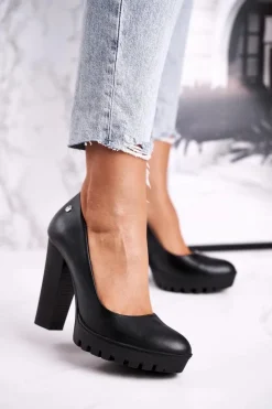 Discount Maciejka Skórzane Czółenka Na Słupku 02629-01 Czarne Czarny