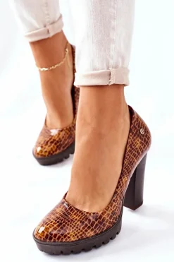 Online Skórzane Czółenka Na Słupku 02629-50 Lakierowane Rudy Damskie Czółenka Na Platformie|Czółenka Klasyczne