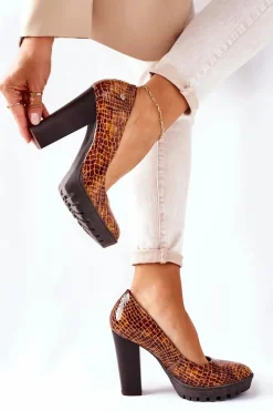 Online Skórzane Czółenka Na Słupku 02629-50 Lakierowane Rudy Damskie Czółenka Na Platformie|Czółenka Klasyczne