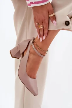 Online Skórzane Czółenka Na Słupku K6816-04 Beżowe Damskie Czółenka Na Słupku