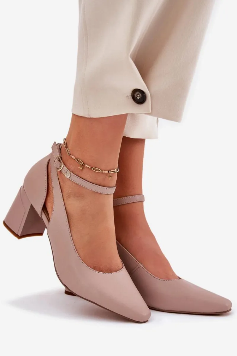 Online Skórzane Czółenka Na Słupku K6816-04 Beżowe Damskie Czółenka Na Słupku