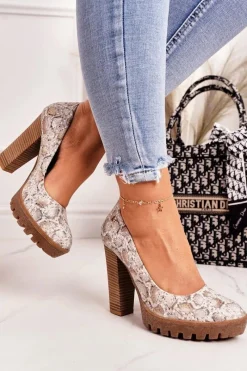 Czółenka Na Platformie|Czółenka Na Słupku>Maciejka Skórzane Czółenka Na Słupku 02629-25 Złoto-Beżowe