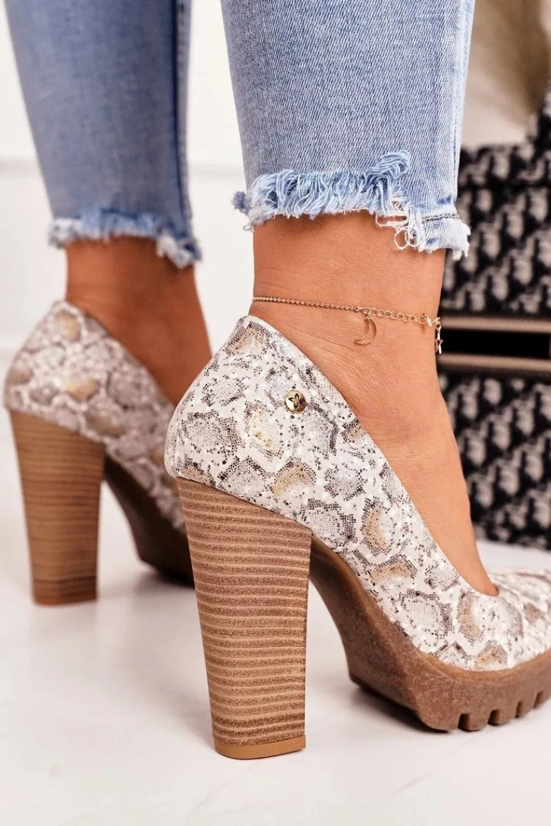 Czółenka Na Platformie|Czółenka Na Słupku>Maciejka Skórzane Czółenka Na Słupku 02629-25 Złoto-Beżowe