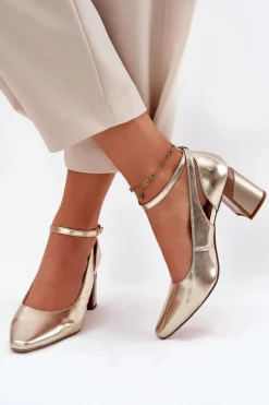 Discount Maciejka Skórzane Czółenka Na Słupku K6816-25 Złote