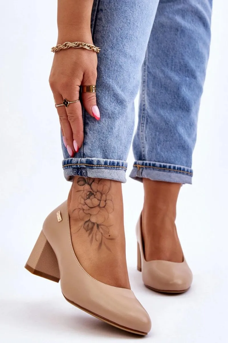 Czółenka Na Słupku|Czółenka Klasyczne>Buty Sergio Leone Skórzane Czółenka Na Słupku Sergio Leone PB178 Beżowe