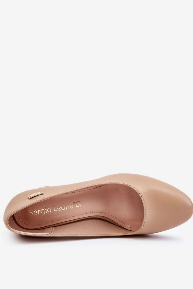 Czółenka Na Słupku|Czółenka Klasyczne>Buty Sergio Leone Skórzane Czółenka Na Słupku Sergio Leone PB178 Beżowe