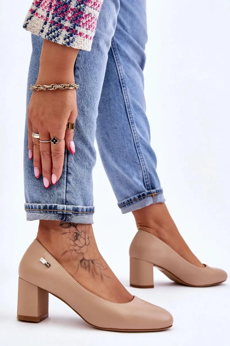 Czółenka Na Słupku|Czółenka Klasyczne>Buty Sergio Leone Skórzane Czółenka Na Słupku Sergio Leone PB178 Beżowe