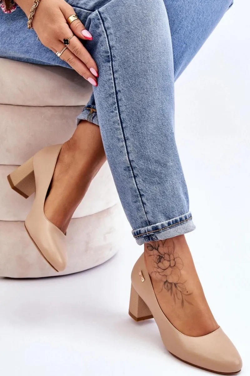 Czółenka Na Słupku|Czółenka Klasyczne>Buty Sergio Leone Skórzane Czółenka Na Słupku Sergio Leone PB178 Beżowe