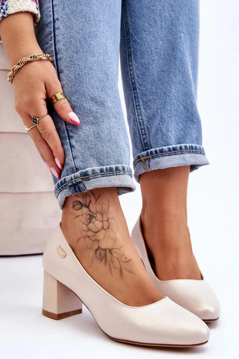 Hot Buty Sergio Leone Skórzane Czółenka Na Słupku Sergio Leone PB178 Perła Beżowe