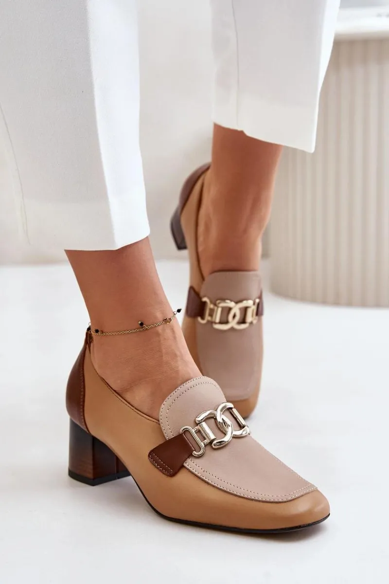 Clearance Laura Messi Skórzane Czółenka Na Słupku Ze Złotą Ozdobą 2861 Brązowe