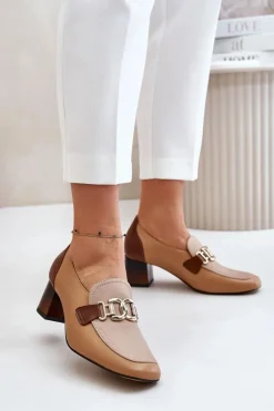 Clearance Laura Messi Skórzane Czółenka Na Słupku Ze Złotą Ozdobą 2861 Brązowe