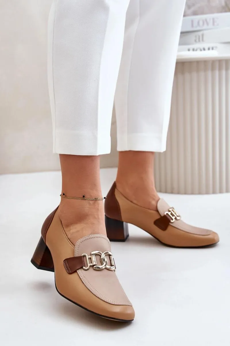 Clearance Laura Messi Skórzane Czółenka Na Słupku Ze Złotą Ozdobą 2861 Brązowe