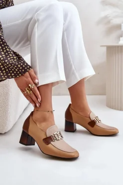 Clearance Laura Messi Skórzane Czółenka Na Słupku Ze Złotą Ozdobą 2861 Brązowe