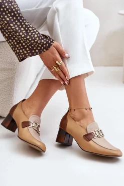 Clearance Laura Messi Skórzane Czółenka Na Słupku Ze Złotą Ozdobą 2861 Brązowe