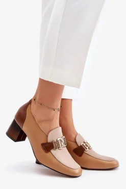 Clearance Laura Messi Skórzane Czółenka Na Słupku Ze Złotą Ozdobą 2861 Brązowe