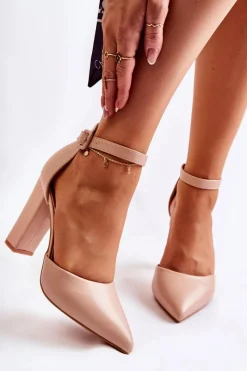 Czółenka Na Słupku|Czółenka Klasyczne>Boto Skórzane Czółenka Na Wysokim Słupku Beżowe Salira