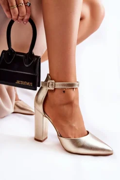 Hot Boto Skórzane Czółenka Na Wysokim Słupku Złote Salira