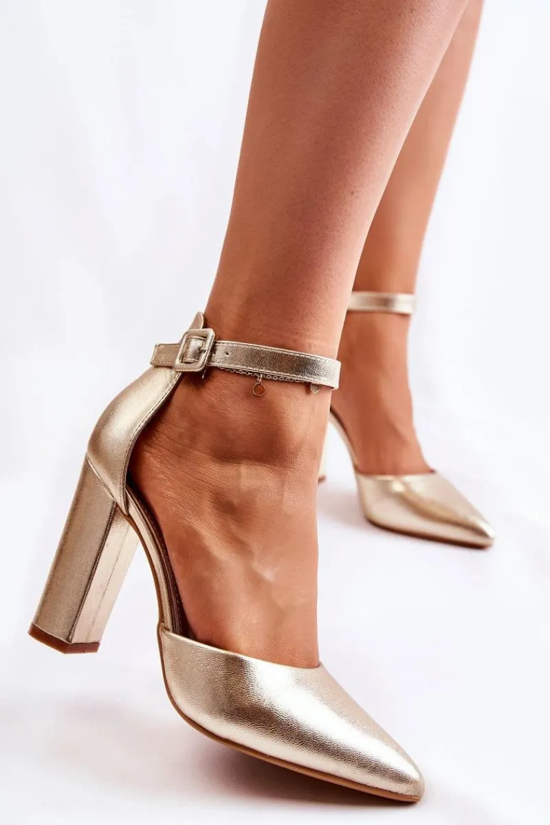 Hot Boto Skórzane Czółenka Na Wysokim Słupku Złote Salira