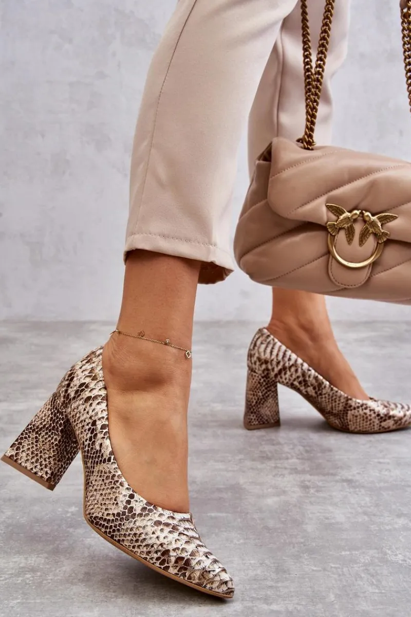 Discount Boto Skórzane Czółenka W Wężowy Wzór Lewski Shoes 3277 Beżowo-Złote
