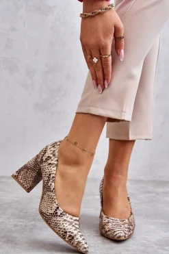 Discount Boto Skórzane Czółenka W Wężowy Wzór Lewski Shoes 3277 Beżowo-Złote