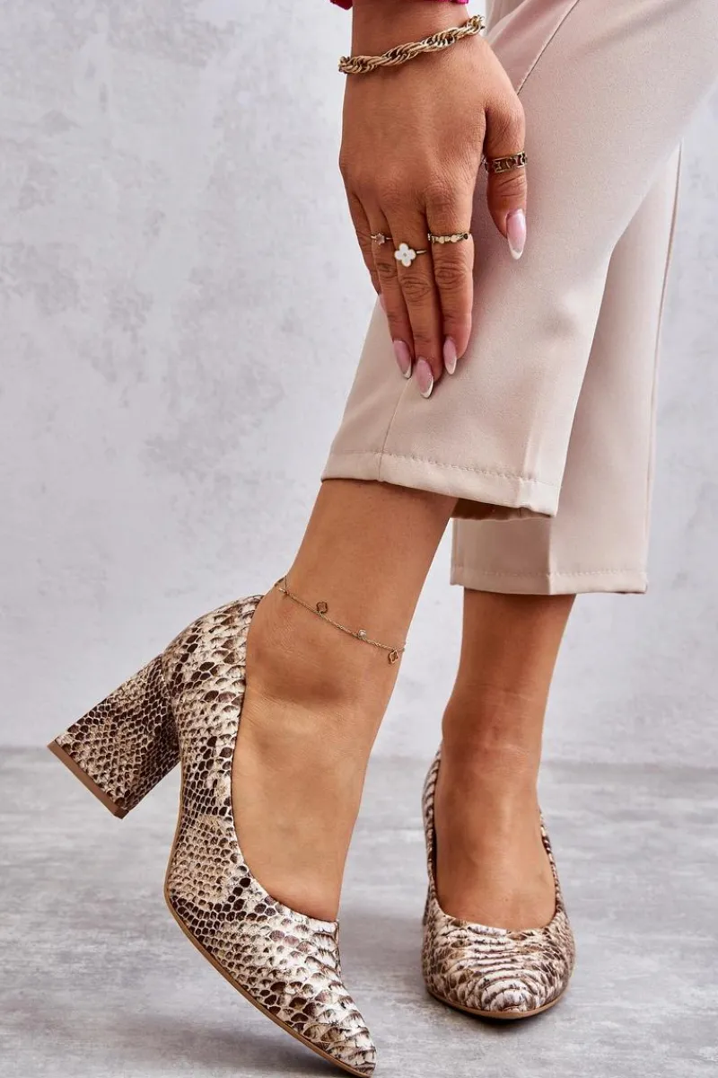 Discount Boto Skórzane Czółenka W Wężowy Wzór Lewski Shoes 3277 Beżowo-Złote