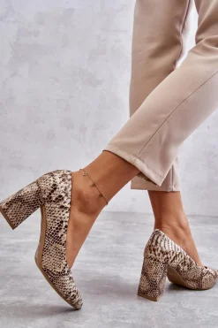 Discount Boto Skórzane Czółenka W Wężowy Wzór Lewski Shoes 3277 Beżowo-Złote