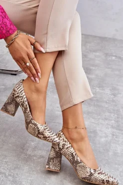 Discount Boto Skórzane Czółenka W Wężowy Wzór Lewski Shoes 3277 Beżowo-Złote