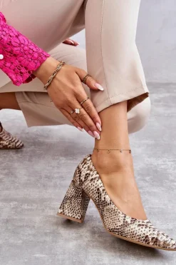 Discount Boto Skórzane Czółenka W Wężowy Wzór Lewski Shoes 3277 Beżowo-Złote