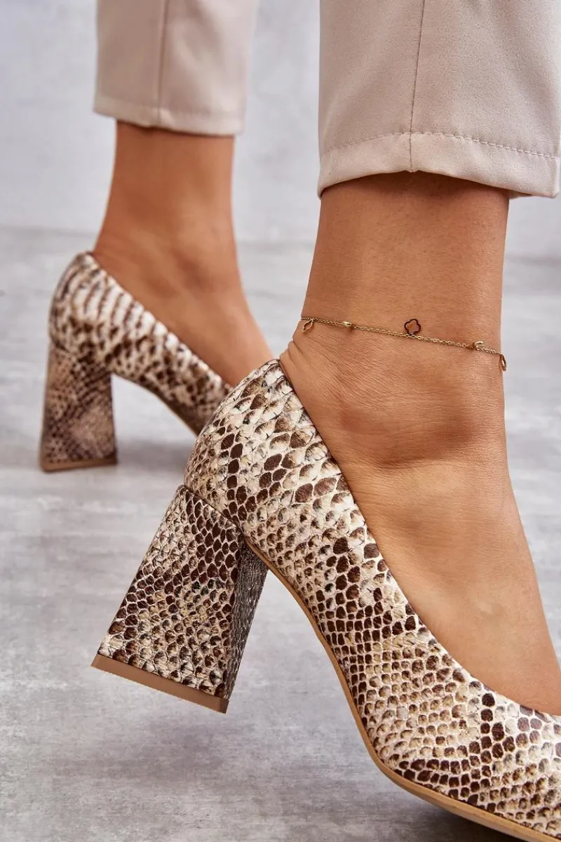 Discount Boto Skórzane Czółenka W Wężowy Wzór Lewski Shoes 3277 Beżowo-Złote
