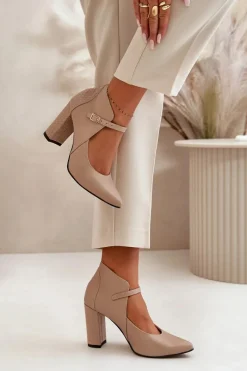 New Laura Messi Skórzane Czółenka Z Noskami W Szpic Na Słupku Beżowe 2832