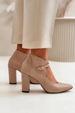 New Laura Messi Skórzane Czółenka Z Noskami W Szpic Na Słupku Beżowe 2832