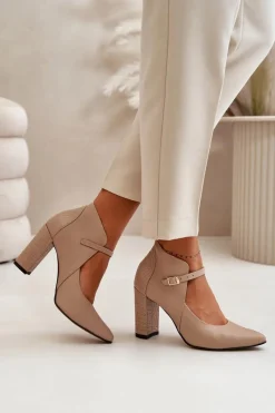 New Laura Messi Skórzane Czółenka Z Noskami W Szpic Na Słupku Beżowe 2832