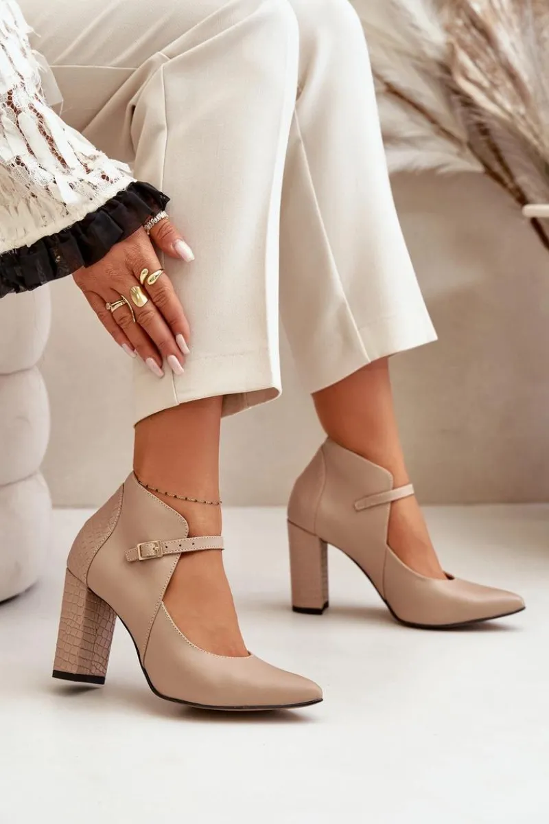 New Laura Messi Skórzane Czółenka Z Noskami W Szpic Na Słupku Beżowe 2832