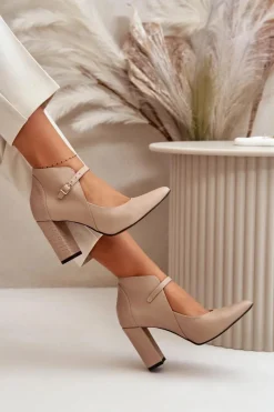 New Laura Messi Skórzane Czółenka Z Noskami W Szpic Na Słupku Beżowe 2832