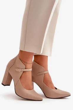 New Laura Messi Skórzane Czółenka Z Noskami W Szpic Na Słupku Beżowe 2832