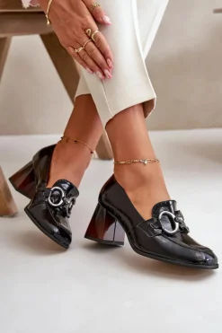 Outlet Skórzane Czółenka Z Ozdobą Czarne 2845 Damskie Czółenka Klasyczne