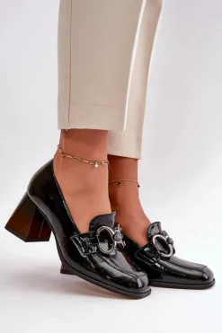 Outlet Skórzane Czółenka Z Ozdobą Czarne 2845 Damskie Czółenka Klasyczne