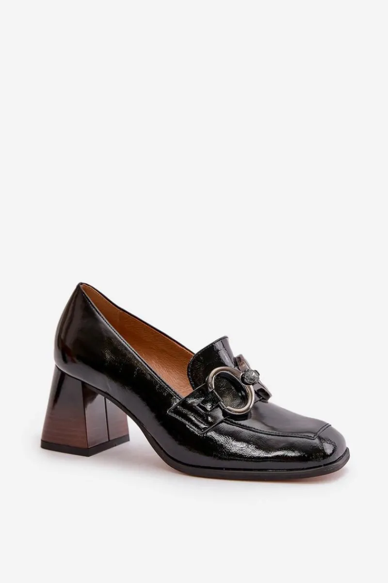 Outlet Skórzane Czółenka Z Ozdobą Czarne 2845 Damskie Czółenka Klasyczne