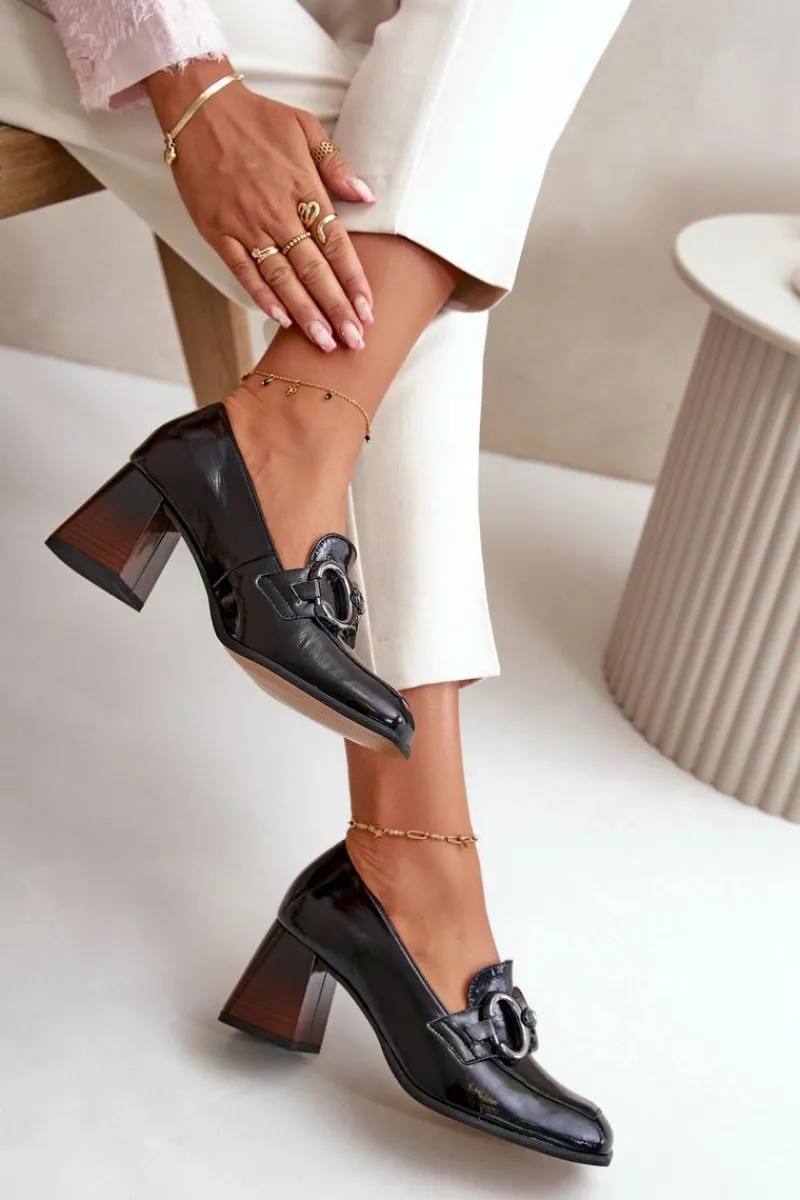 Outlet Skórzane Czółenka Z Ozdobą Czarne 2845 Damskie Czółenka Klasyczne