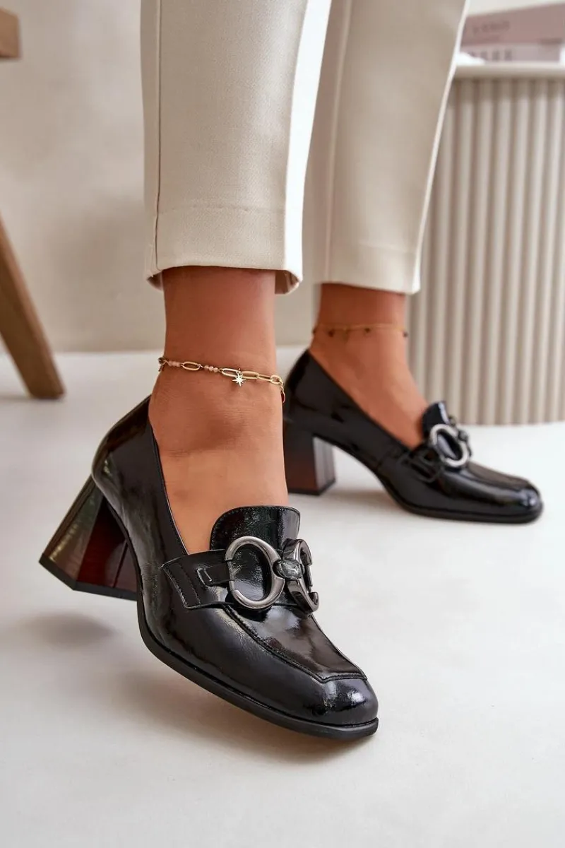 Outlet Skórzane Czółenka Z Ozdobą Czarne 2845 Damskie Czółenka Klasyczne