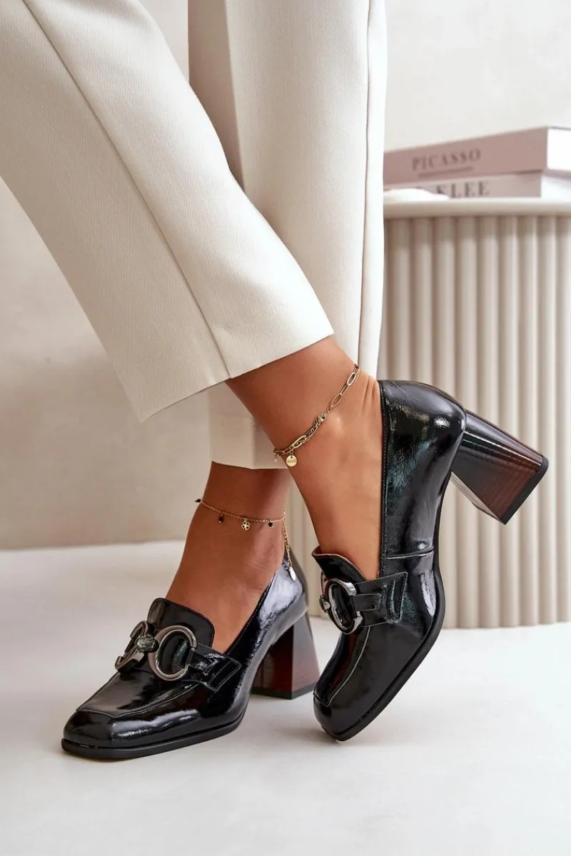 Outlet Skórzane Czółenka Z Ozdobą Czarne 2845 Damskie Czółenka Klasyczne