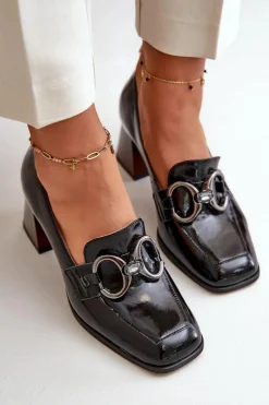 Outlet Skórzane Czółenka Z Ozdobą Czarne 2845 Damskie Czółenka Klasyczne