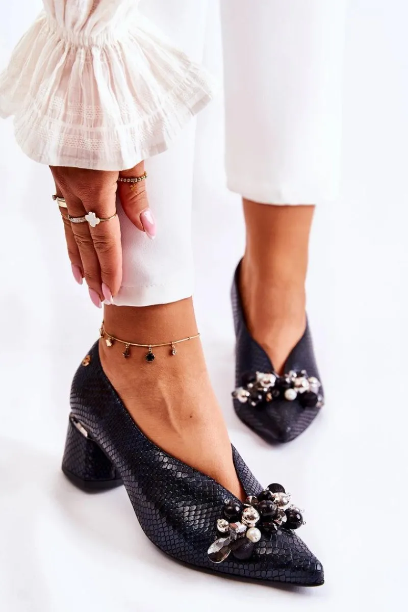 Laura Messi Skórzane Czółenka Z Ozdobą 2487 Czarne